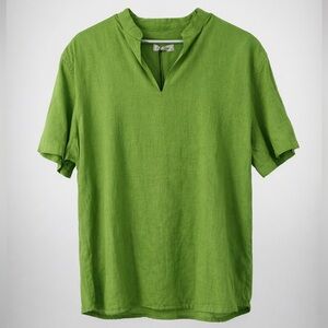 Puro Lino 100% Linen Shirt XL Made in Italy Green Short Sleeve Band Collar Top